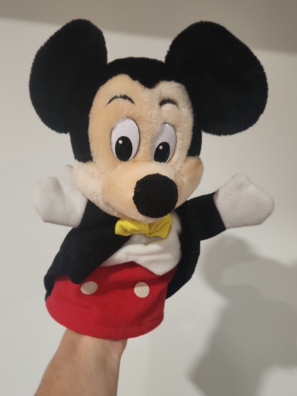 Vintage Mickey Mouse Plush Hand Puppet with Yellow Bow - Kids Toy